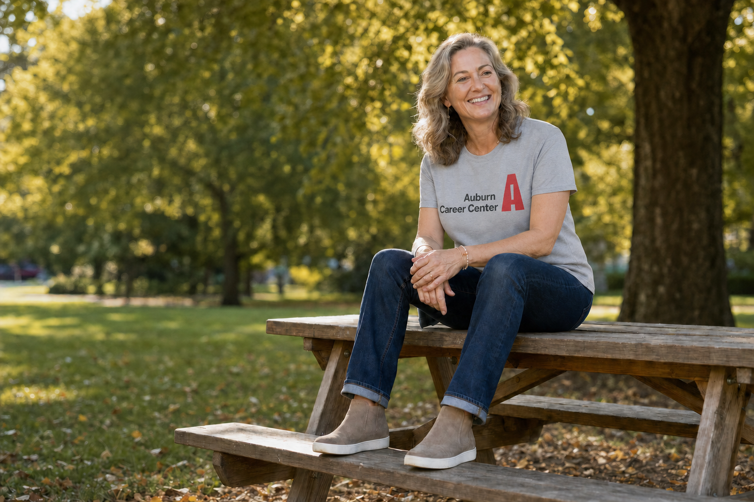 An Auburn Career Center teacher smiling on a picnic table on a warm fall day
